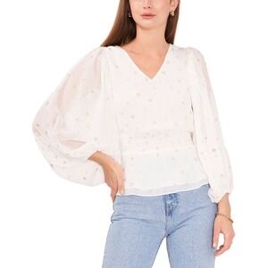 VINCE CAMUTO Womens Ivory Lined Sheer Foiled  V Neck Blouse